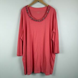 Catherines Top Women 2X 22/24W Plus Coral Pink Embellished Scoop Neck 3/4 Sleeve